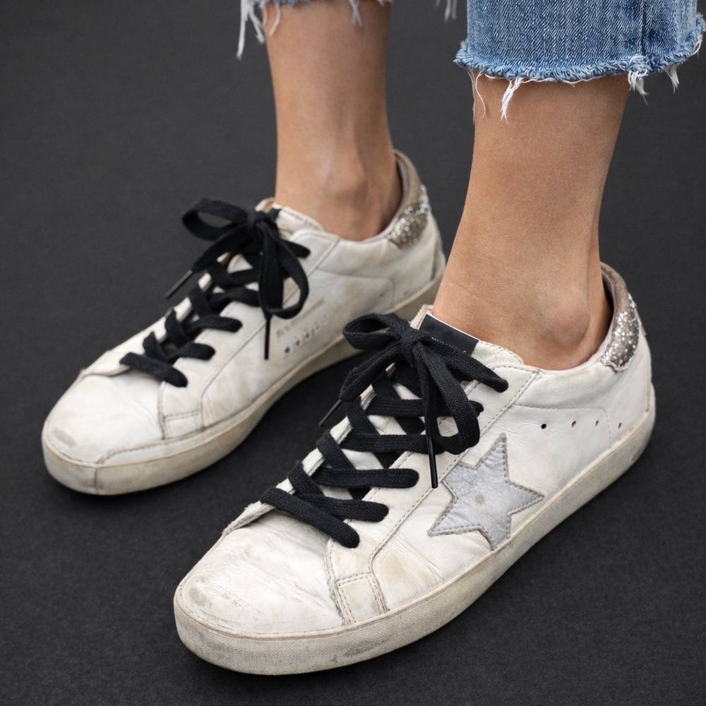 Golden Goose White and Silver Star Sneakers